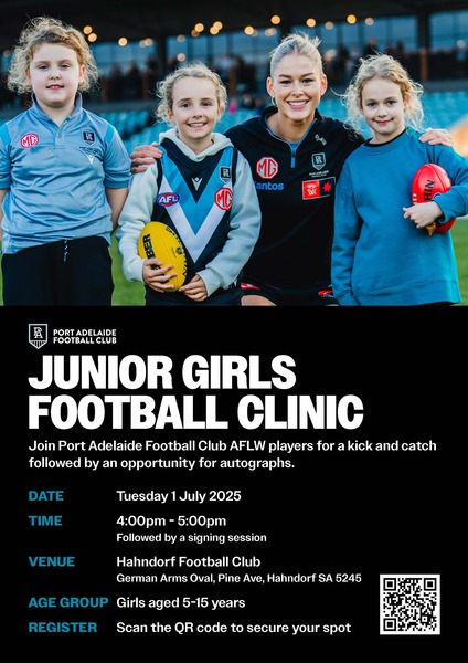 2025 PAFC AFLW Community Camp Junior Girls Clinic Flyer